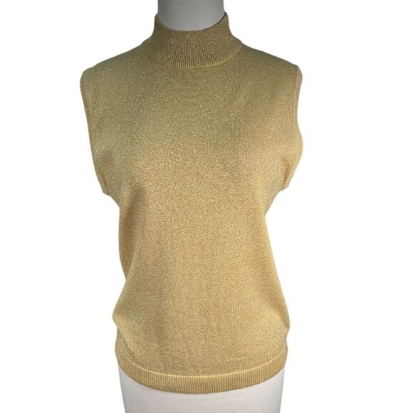 Christopher & Banks High Neck Short Sleeve Large Cotton Blend Gold W/Shimmer - Picture 1 of 10